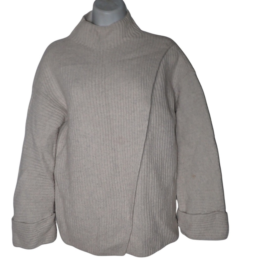 Athleta Womens Ribbed Mock Neck Wrap Front Sweater Cream XS cozy preppy Wool